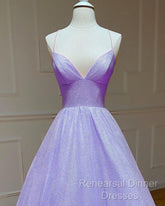 Lavender Sparkly Semi Formal Prom Dress V Neck Ball Gown